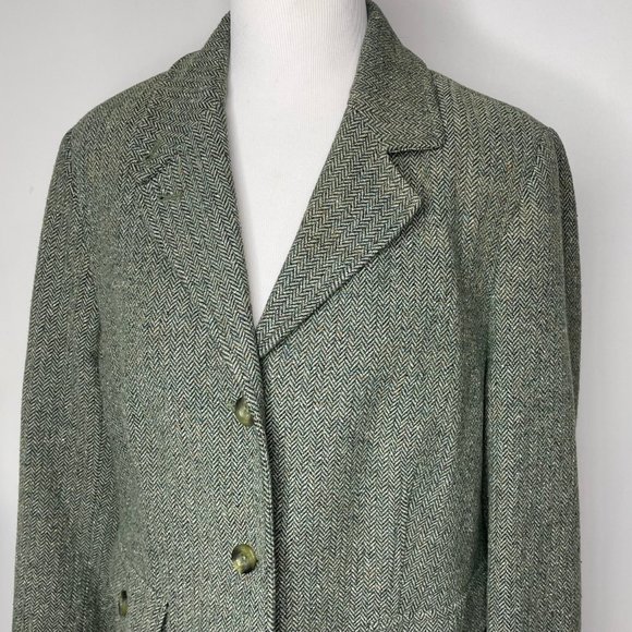 Vintage LL Bean Women's Petite XL Wool Blend Tweed Herringbone Blazer Green - Picture 10 of 14